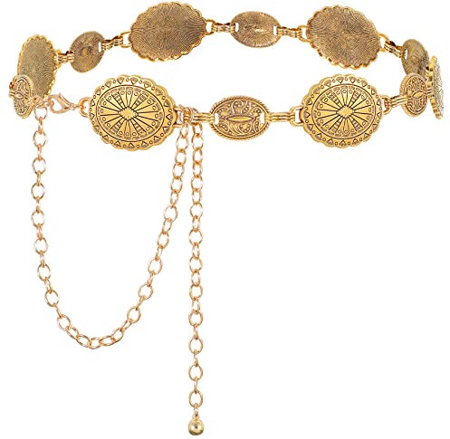 JASGOOD Women Concho Belt Metal Link Western Cowgirl Turquoise Chain for Dress, Gold, L