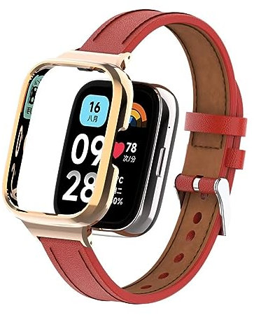 T-BLUER Correa compatible con Xiaomi Redmi Watch 3 Active,Pulsera de Cuero de Repuesto con Marco de Metal Para el Redmi Watch 3 Active,Rojo