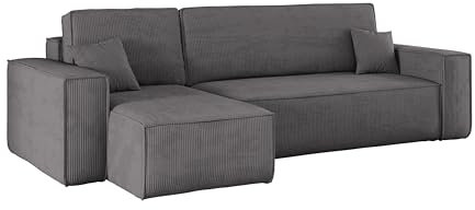 Kaiser Möbel, Ecksofa mit schlaffunktion, mit Bettkasten, Schlafsofa Best, Designer Sofa, Modern Design Couch, Polsterecke, Freistehend, Dicker Cord, Dunkelgrau Links