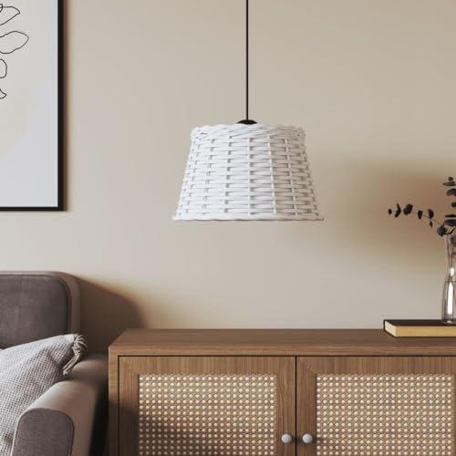 Homgoday Lampenschirm Hängelampe Pendelleuchtenschirm Korblampen Hängend Ersatzschirm für Hängeleuchten Deckenlampe für Wohnzimmer Schlafzimmer Esszimmer Weiß Ø38x23 cm Korbweide