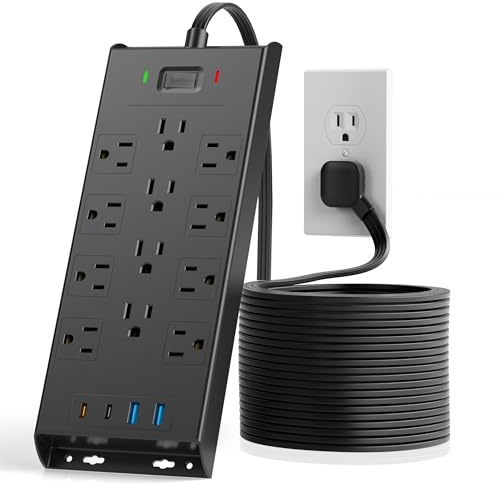 Surge Protector Power Strip 4800J, LeZone 10Ft Long Extension Cord Flat Plug, 12 Outlets 2 USB C 2 USB Ports, Wall Mountable, 20W Desk Charging Station, Black