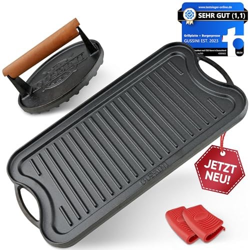 GUSSINI Plancha Grillplatte Gusseisen [Wendbar] mit Burgerpresse | Eingebrannt mit Anti-Haft | Griddle Teppanyaki Grillplatte Burger Smasher | Grill Zubehör Indoor und Outdoor - Bestelle jetzt