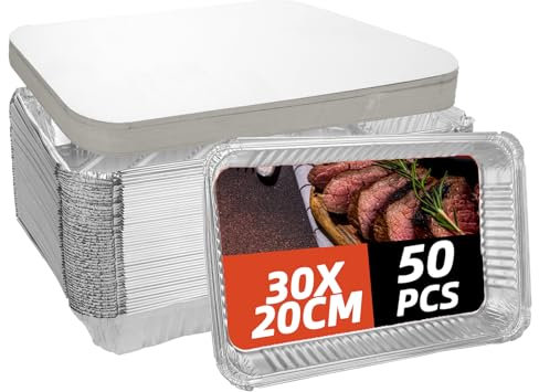 DAJAVE 50 Pack Aluminium Foil Trays with Lids 31.5x21.4x4.3cm Large Tin Foil Trays Disposable Foil Food Containers for BBQ, Roasting, Baking, Cooking, Broiling