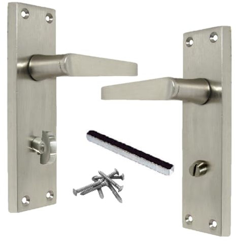 Victorian Straight Handle Bathroom WC Toilet Door Handles, Pair Satin 152mm x 42mm Backplate, Interior Wooden Doors