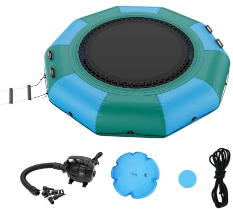 VEVOR Trampolín Inflable de Agua Trampolín Hinchable de Agua 310 x 60 cm Plataforma de Natación Portátil con Escalera y Bomba de Aire Eléctrica Rebotador Flotante para Niños, Piscina, Azul y Verde
