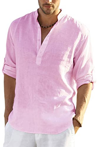 COOFANDY Men's Linen Cotton Shirts Long Sleeve Regular Fit Casual Henley Lightweight Summer Beach Shirts A-Pink