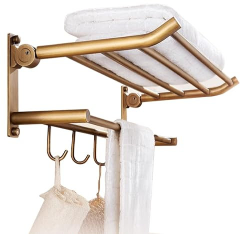 Brass Bathroom Towel Rack - Wall Mounted, Foldable Towel Shelf with Hooks and Bar, Brushed Bronze Finish