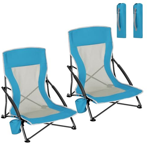 WOLTU 2er Set Strandstuhl Klappbar, Campingstuhl Leicht Faltbar, Klappstuhl Strand, Gepolsterte Armlehnen, Mesh-Rückenlehne, Mit Getränkehalter Tragetasche, Für Strand Und Camping, Blau