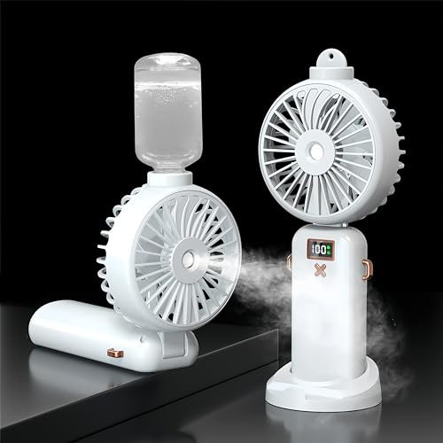 Fay Bless Hadheld - Ventilatore nebulizzatore portatile, ricaricabile, 3000 mAh, a batteria, con 5 velocità, display LED, ventola di raffreddamento pieghevole a 90° (bianco)