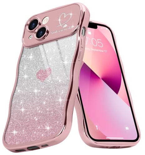 Teageo Cute Heart Pattern Curly Phone Case for iPhone 13, Wave Frame Glitter Case for Girls Women Aesthetic Bling Cover Shockproof Soft TPU Bumper for iPhone 13, Pink