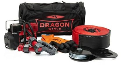Dragon Winch Kit Treuil 4X4 avec Compresseur 12V 6.8 BAR 35 l/min - Poulie de Renvoi 8T (17600 lbs), 2x Manilles 6T (6000 kg) 7/8, Ceinture 9m, Gants et Sac - Kit Universel Offroad