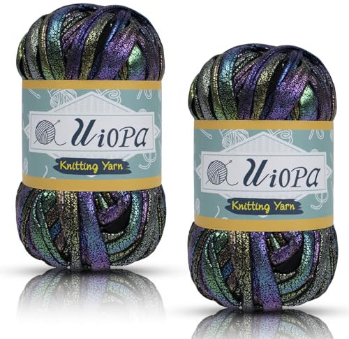 Uiopa Metallic T-Shirt Garn, 2 x 100g(2 x 33m) Bändchengarn Polyester Häkelgarn, Dickes Garn Crochet Yarn für Häkeltaschen, Körbe, Teppiche, Heimdekoration, DIY-Projekt (Schwarz)