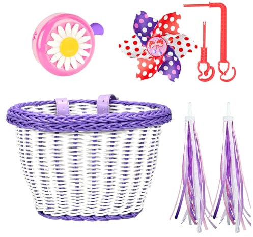 Fahrradkorb Set Kinder Fahrradkorb Vorne Mit Lederriemen Fahrradklingel Fahrrad Windmühlen Fahrrad Quasten Bike Basket Set Fahrradkorb Zubehör Für Mädchen Und Kinder (Lila Weiß)