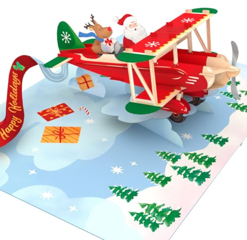 Three Dee Cards - Santa’s Airplane Adventure Christmas 3D Special Pop Up Greeting Card for Daughter Son In Law Husband Wife Brother Sister Mum and Dad Family Holiday Pop-up