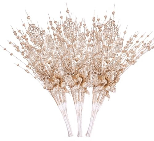 Cymax Artificial Glitter Berry Stems,15 Pack Champagne Christmas Flower Ornaments Branches Picks for Xmas Tree Decorations Small Vase Wreath Fireplace Home Holiday Wedding Party Decor Gift