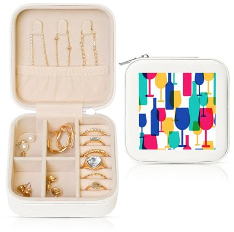 GSGCSBYMLG Cocktail Glasses and Wine Bottles printed Square Leather Jewellery Box Jewellery Storage Box Portable Jewellery Box
