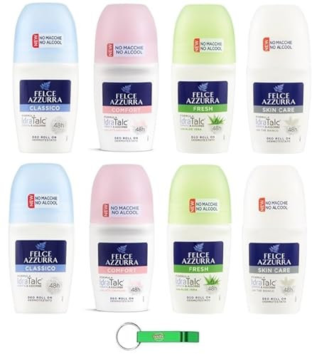 8 confezioni di test Felce Azzurra – Deodorante Roll On con Formula IdraTalc, efficacia 48 ore, senza macchie, senza alcool, deodorante da 50 ml + portachiavi Beni Culinari
