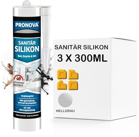 Sanitär Silikon - schimmelresistent für Dusche und Bad, lösungsmittelfrei 300ml Kartusche (3, Hellgrau)