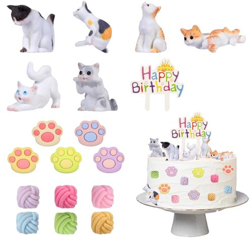 18 Pezzi Gatto Decorazioni per Torte, Cake Topper Gatto, Realistici Mini Gatti Figure, Gatti Happy Birthday Cupcake Topper, per Feste di Compleanno dei Bambini, Feste di Gatto, Baby Shower