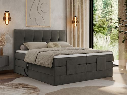 MKS MEBLE Boxspringbett 200x200 elektrisch verstellbar 7-Zonen Taschenfederkern Matratze mit TopperBett mit Motor Polsterbett Motorbett - Vittoria - Dunkelgrau Velvet - H3