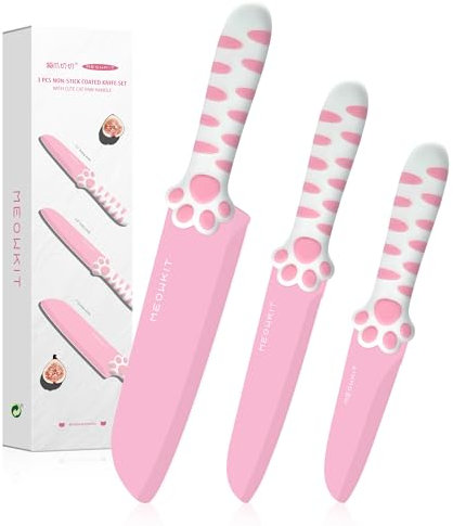 meowkit Stylish & Cute 3 Pieces Kitchen Knife Set with Non-Stick Coated Cat Paw Handle Make Cooking Joyful and Efficient for All Cat Lovers (Pink)