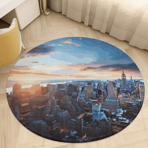 Runder kleiner Teppich, Motiv: New York City Skyline Druck, Kreis-Teppich, rutschfest, waschbar, Bodenmatte, weicher Überwurf für Wohnzimmer, Eingangsbereich, Badezimmer, Nachttisch, Bodendekoration,