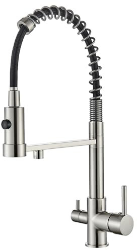 Hevenaov Grifo de cocina de 3 vías, grifo de cocina de agua pura cepillada, giratorio 360°, grifo mezclador para fregadero con caño flexible, grifo con filtro para agua potable, acero inoxidable