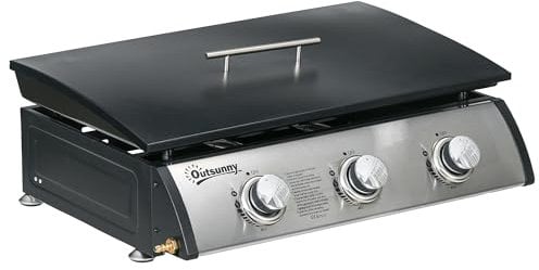 Outsunny Gas Plancha Grill with 3 Stainless Steel Burner, 7.5kW, Portable Tabletop Gas BBQ with Non-Stick Griddle and Lid for Camping Picnic Garden Party Festival