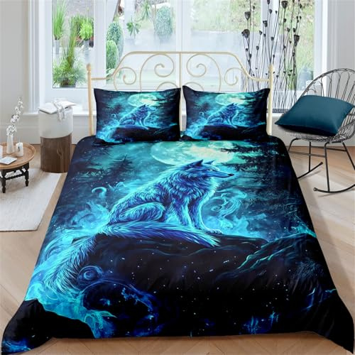 AYMAING Kinder Wolf und Sternennacht Bettwäsche Set 135x200cm + 80x80cm Kissenbezug, Blaue Mystik und Schwarze Tiefe, Atmungsaktive Microfaser, für Jugendzimmer und Kinderzimmer