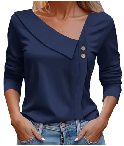 Cocila Hauts à Col AsyméTrique pour Femmes Manches Longues Boutonné Chemisiers en V Travail DéContracté Chemises HabilléEs 2025 T Shirts pour Femmes Manches Longues Noir T Shirt