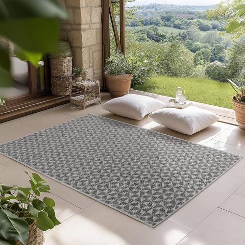 Carpettex Indoor Outdoor Teppich wetterfest Grau 80x150 cm Läufer, UV-beständig, Ideal für Küche, Balkon, Terrasse, Wohnzimmer und Esszimmer, Karo-Design im Boho Stil
