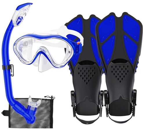 HH HHAO SPORT Schnorchelset Kinder mit Flossen, 180° Anti-Fog Panorama Weitblick Taucherbrille Kinder, Verstellbaren Schwimmflossen, Hochwertige Tauchermaske und Dry Top Schnorchel für Schwimmen