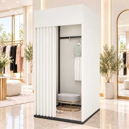 Zertylre Umkleidekabine Freistehend,Quadratische Umkleideraum,Mobile Anproberaum mit Vorhang und Haken, für Bekleidungsgeschäfte, Boutiquen,Büro und Einkaufszentrum (Weiß, 100x100x200cm)