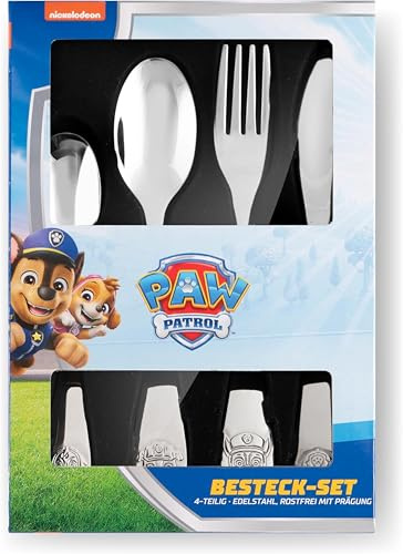 PAW Patrol Kinderbesteck 4-teilig Edelstahl spülmaschinenfest | Messer, Gabel, Suppenlöffel, Dessertlöffel - Chase, Rubble, Skye und Marshall geprägt - ab 3 Jahren