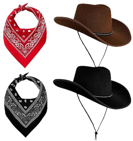 AWAVM Lot de 3 chapeaux de cowboy roses avec bandana, écharpe et lunettes de soleil en forme de cœur pour homme et femme pour Halloween, anniversaire, cosplay, rose, Taille unique (brun+noir)