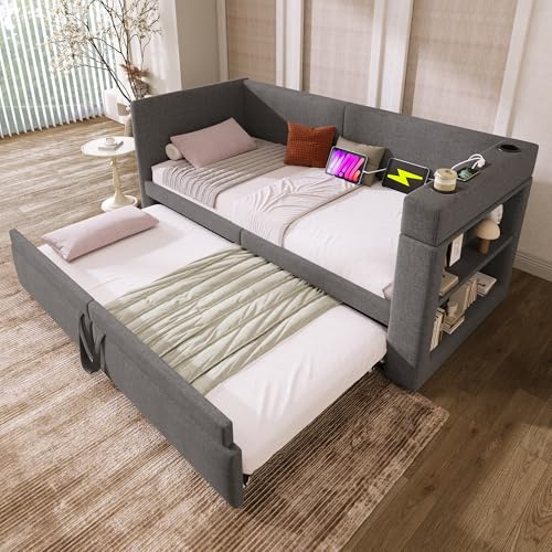 ZIDEY Polsterbett Ausziehbar Schlafsofa 90/180x200 mit USB- & Type-C-Ladeanschluss, Tagesbett Ausziehbett mit Lattenrost, Sofabett Funktionsbett Daybett, ohne Matratze, Grau