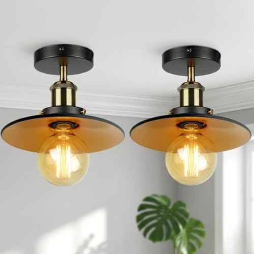 LEDSone Pack of 2 Industrial Semi Flush Mount Ceiling Lights Fixture | Vintage Black Inner Gold Lampshade Metal E27 Lamp Holder Fitting Chandeliers Ceiling Lighting for Living Room Kitchen