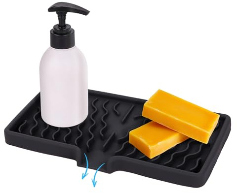 Aovanta Silicone Organizer Tray, Black Silicone Drainer Mat for Kitchen Sink, Soap Sponge Holder Tray for Dish Brush, Soap Dispenser, Sponges (Black)