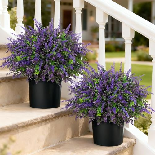 VIERENA 2 Sets Artificial Eucalyptus & Lavender Topiary Trees for Front Door - Faux Lavender Potted Topiary Trees, UV Resistant Fake Outdoor Plants for Farmhouse Porch Garden Decor