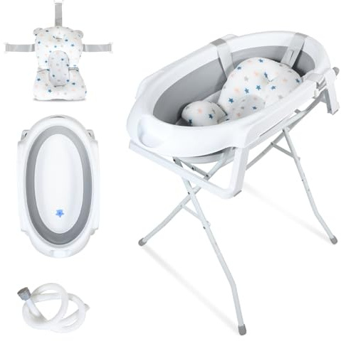 Peviasot Baby Badewanne mit Gestell faltbare Babywanne Baby Wanne platzsparend, rutschfester Ständer, Badeauflage, Ablaufschlauch, temperaturreaktiver Wasserstopfen, stabile faltbare Badewanne Grau