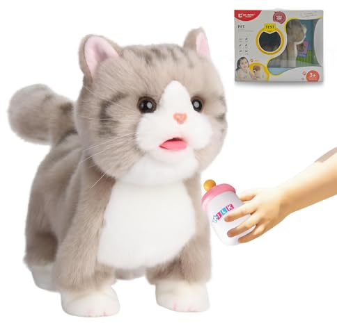 CU-MATE Electronic Walking Cats Dog, Realistic Interactive Pet Toy, Walking, Barking,Wagging Tail & Talking, Gifts for Boys and Girls (Electric Silver British Shorthair Cat)