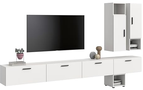 xonox.home – Wohnkombination The One 300x178x34 cm in Weiß Nachbildung – Massive Wohnwand mit 2 Türen & 4 Klappen – 15 Fächer bieten Platz für Bücher und Technik in einem zeitlosen, weißen Design