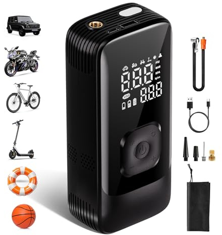 Elektrische Luftpumpe, elektrische Fahrradpumpe, 150 PSI, 6000 mAh | Reifendrucküberwachung LCD in Echtzeit, Akku-Kompressor mit LED und USB-Ausgang, geeignet für Fahrräder