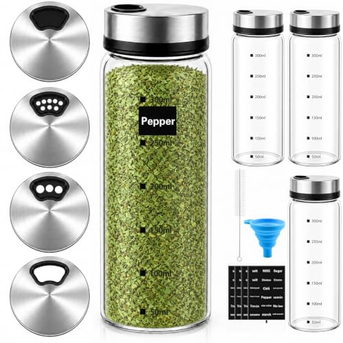 Mssushi 4 Pack Large Salt and Pepper Shakers 300ml/10oz, Glass Spice Jars | Adjustable Pour Holes with Lids, Spice Containers, Salt Pot, 4 Labels, Brush, Funnel, Kitchen, BBQ, Camping