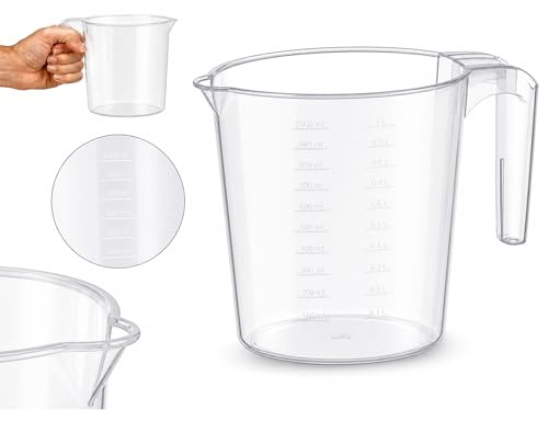 PARENCE Caraffa Graduata 1L Ergonomica – Dosatore Trasparente con Beccuccio Versatore – Forma Ottimizzata per Impugnatura e Riporre – Cucina e Pasticceria