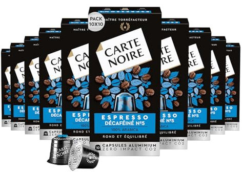 Carte Noire, Espresso Décaféiné, Nespresso Compatible Aluminium Capsules, 10 Packs of 10 Decaffeinated Coffee Pods, 100% Arabica, Cereals and Caramel Notes, Intensity 5/10