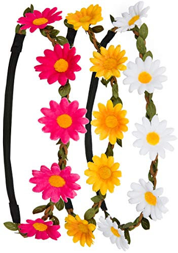 3x Blumen Stirnband Haarband Kopfband Krone mit justierbaren elastischen Band in den Farben weiß, gelb und pink