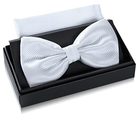 Massi Morino Fliege Weiss mit Einstecktuch für Herren Set - Anzug Herrenfliege zur Hochzeit - Verstellbare Schleife in Weiß