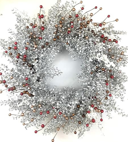Huashen Weihnachtskranz aus Buchsbaum, Metallic, Rot, Gold, Weiß, Beeren, Winter-Türkranz, 61 cm