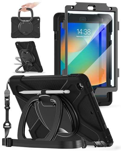 BRAECN for Ipad 9/8/7 Generation Hülle 10.2 Zoll 2021/2020/2019 Silikon Stoßfeste 360 Drehbarer Ständer Schutzhülle mit Displayschutz Handschlaufe Schultergurt